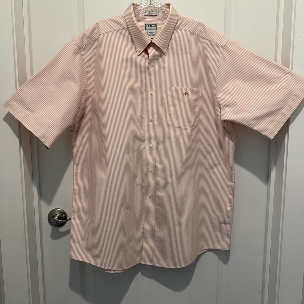 VTG LL Bean Men's Button Down Shirt 17 Reg Orange Striped Short Sleeve 90s Y2K